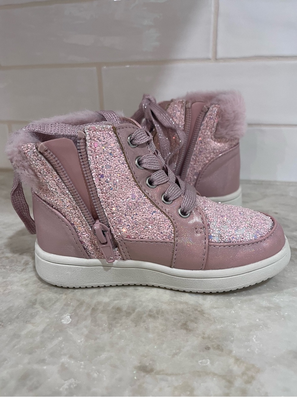 Sugar Kids Pink Glitter High-Top Boots with Faux Fur